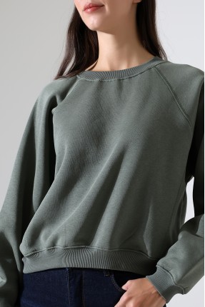 Geniş Bisiklet Yaka Şardonlu Karyokalı Geniş Reglan Kol Basic Kadın Sweatshirt 21973 HAKİ