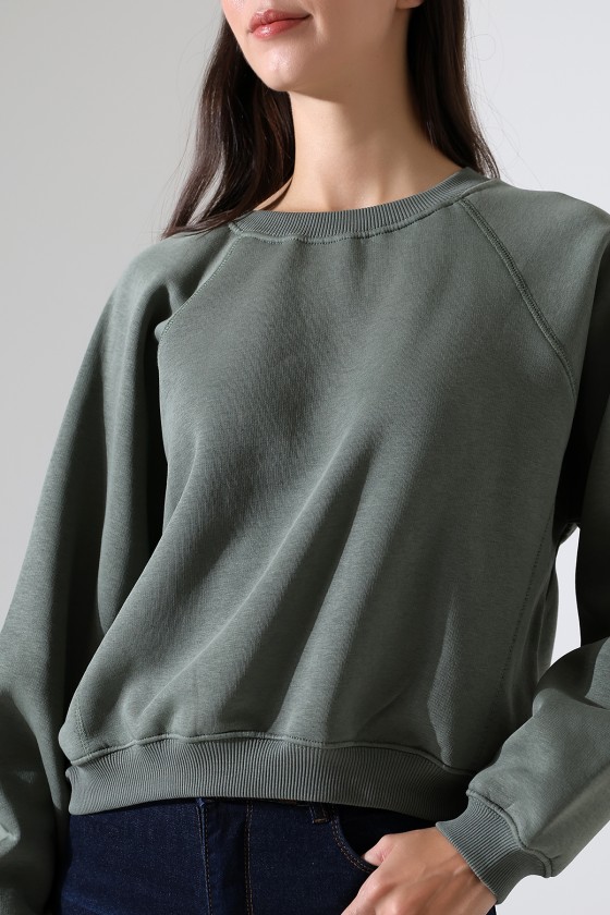 Geniş Bisiklet Yaka Şardonlu Karyokalı Geniş Reglan Kol Basic Kadın Sweatshirt 21973 HAKİ