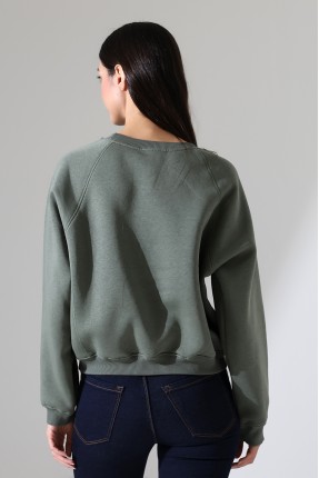 Geniş Bisiklet Yaka Şardonlu Karyokalı Geniş Reglan Kol Basic Kadın Sweatshirt 21973 HAKİ