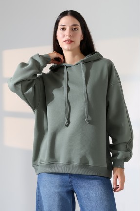 Relax Rahat Kesim Kapşonlu Salaş Oversize Kolları Geniş Basic Kadın Sweatshirt 21966 HAKİ
