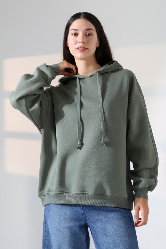 Relax Rahat Kesim Kapşonlu Salaş Oversize Kolları Geniş Basic Kadın Sweatshirt 21966 HAKİ