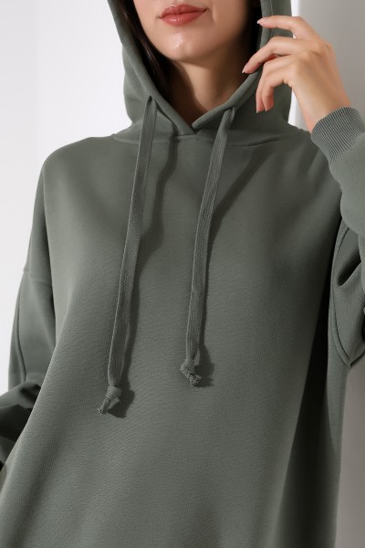 Relax Rahat Kesim Kapşonlu Salaş Oversize Kolları Geniş Basic Kadın Sweatshirt 21966 HAKİ