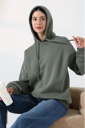 Relax Rahat Kesim Kapşonlu Salaş Oversize Kolları Geniş Basic Kadın Sweatshirt 21966 HAKİ