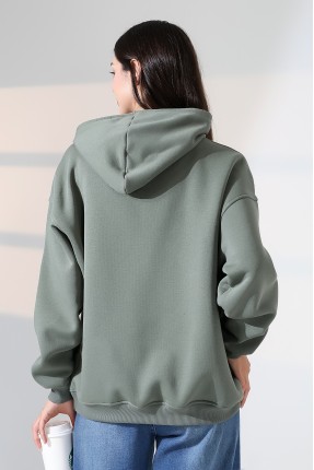 Relax Rahat Kesim Kapşonlu Salaş Oversize Kolları Geniş Basic Kadın Sweatshirt 21966 HAKİ