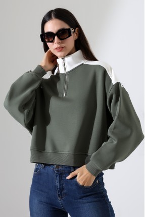 Relax Kesim Yarım Fermuarlı Dik Gömlek Yaka Kolları Geniş Yanları Parçalı Kadın Sweatshirt 21963 HAKİ