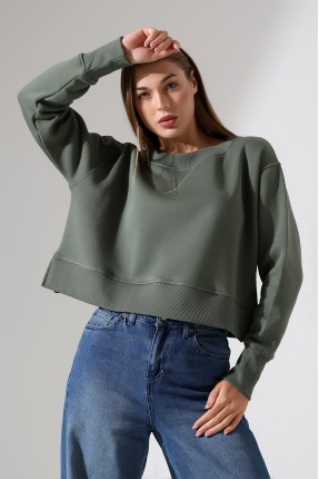 Relax Rahat Kesim Yanları Yırtmaçlı Bisiklet Yaka Pamuklu Basic Kadın Sweatshirt 21925 HAKİ