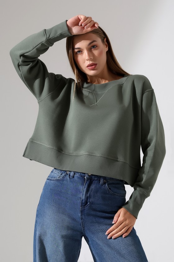 Relax Rahat Kesim Yanları Yırtmaçlı Bisiklet Yaka Pamuklu Basic Kadın Sweatshirt 21925 HAKİ