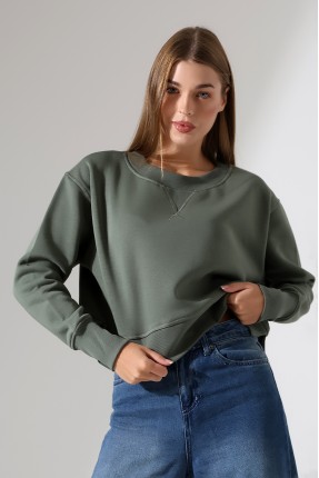 Relax Rahat Kesim Yanları Yırtmaçlı Bisiklet Yaka Pamuklu Basic Kadın Sweatshirt 21925 HAKİ