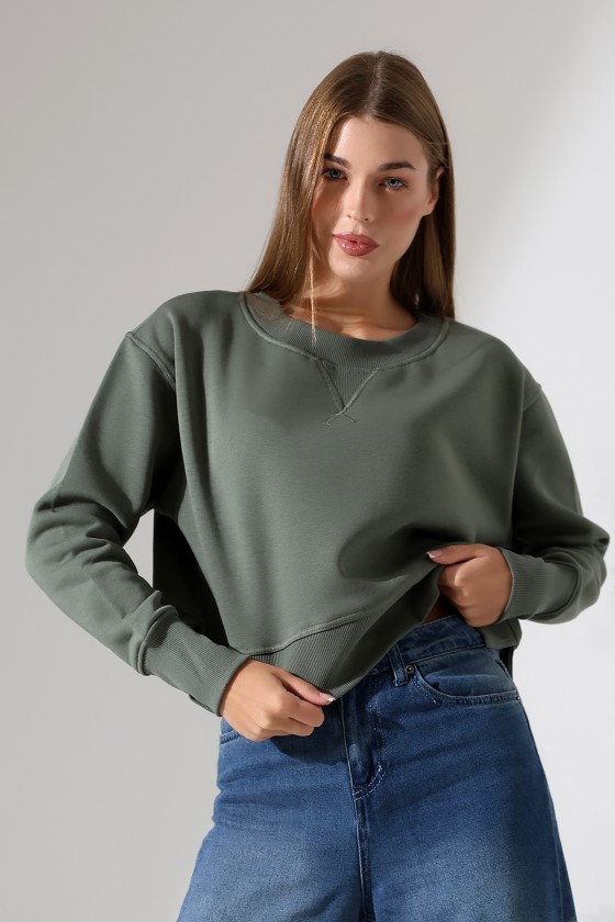 Relax Rahat Kesim Yanları Yırtmaçlı Bisiklet Yaka Pamuklu Basic Kadın Sweatshirt 21925 HAKİ