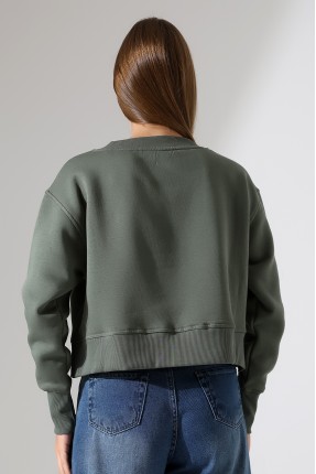 Relax Rahat Kesim Yanları Yırtmaçlı Bisiklet Yaka Pamuklu Basic Kadın Sweatshirt 21925 HAKİ