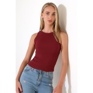 Halter Yaka Pamuklu Kompakt Penye Kolsuz Ribana Atlet 21561 BORDO