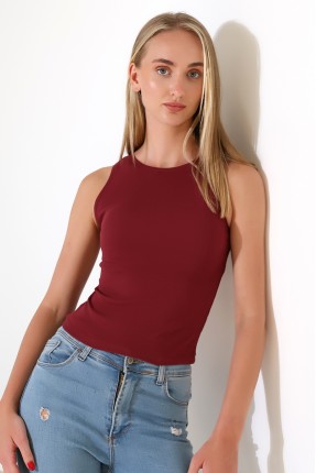 Halter Yaka Pamuklu Kompakt Penye Kolsuz Ribana Atlet 21561 BORDO