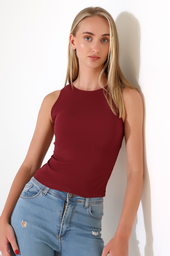 Halter Yaka Pamuklu Kompakt Penye Kolsuz Ribana Atlet 21561 BORDO