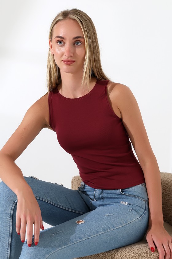 Halter Yaka Pamuklu Kompakt Penye Kolsuz Ribana Atlet 21561 BORDO