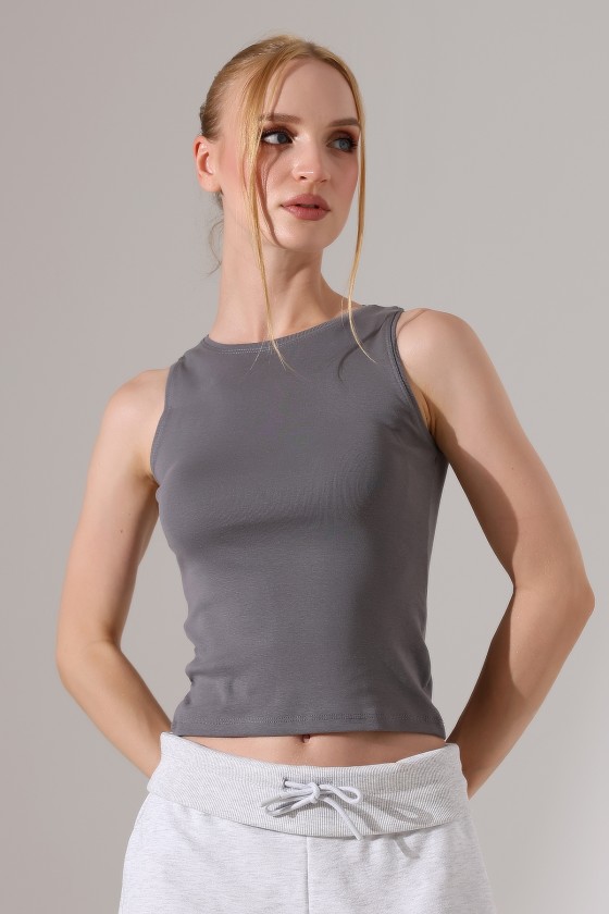 Halter Yaka Pamuklu Kompakt Penye Kolsuz Ribana Atlet 21561 BOYALI GRİ
