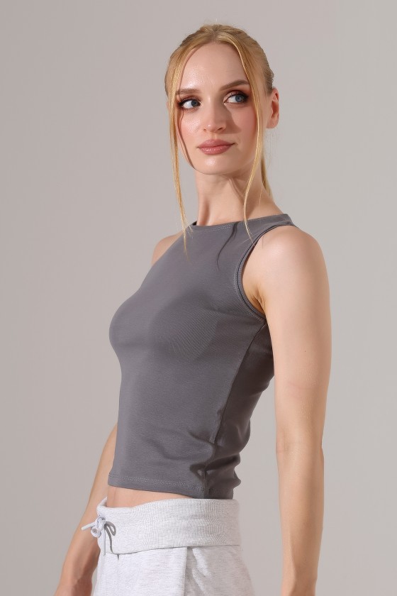 Halter Yaka Pamuklu Kompakt Penye Kolsuz Ribana Atlet 21561 BOYALI GRİ