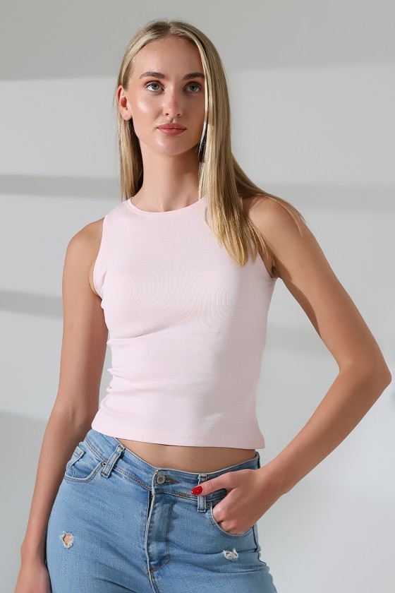 Halter Yaka Pamuklu Kompakt Penye Kolsuz Ribana Atlet 21561 PUDRA