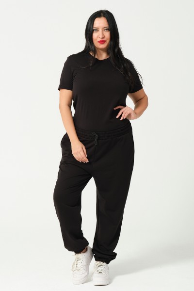 Kadın Büyük Beden Battal Penye Likralı Esnek Yumuşak Dokulu Paçası Lastikli Eşofman Altı 21633BB SİYAH