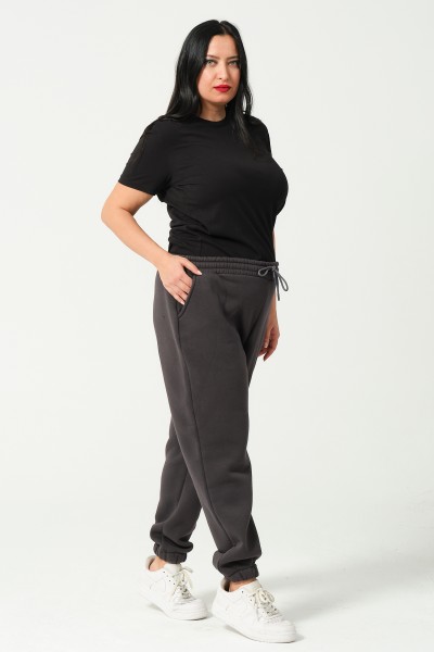 Kadın Büyük Beden Battal Şardonlu Penye Kompakt Paçası Lastikli Eşofman 21629BB FÜME