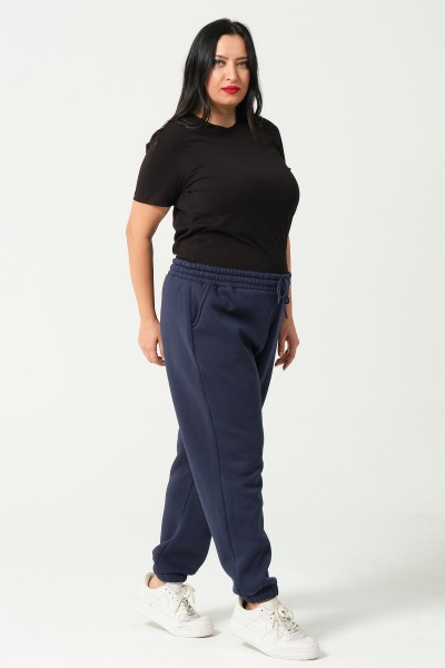 Kadın Büyük Beden Battal Şardonlu Penye Kompakt Paçası Lastikli Eşofman 21629BB LACİVERT