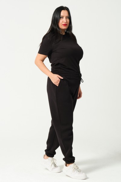 Kadın Büyük Beden Battal Şardonlu Penye Kompakt Paçası Lastikli Eşofman 21629BB SİYAH