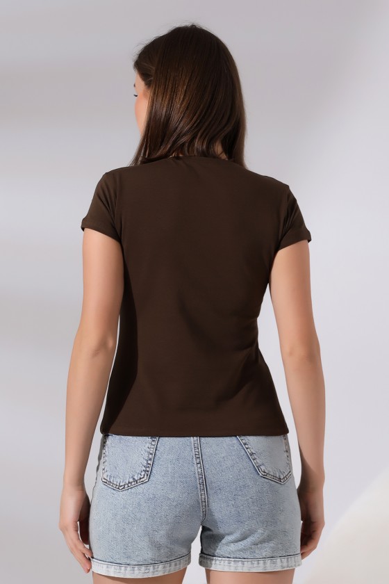 Bisiklet Yaka Kısa Kol Penye Kompakt Likralı Basic T-Shirt 21060 KAHVE
