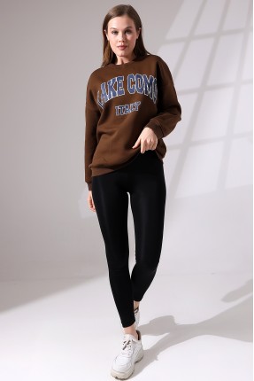 Şardonlu Baskılı Oversize Sweatshirt 21617 KAHVE