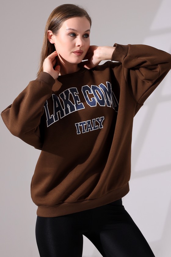 Şardonlu Baskılı Oversize Sweatshirt 21617 KAHVE