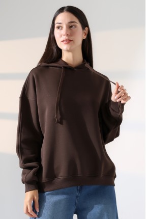 Relax Rahat Kesim Kapşonlu Salaş Oversize Kolları Geniş Basic Kadın Sweatshirt 21966 KAHVE