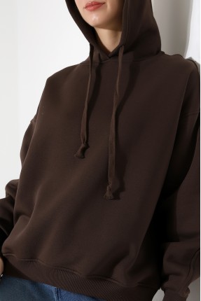Relax Rahat Kesim Kapşonlu Salaş Oversize Kolları Geniş Basic Kadın Sweatshirt 21966 KAHVE