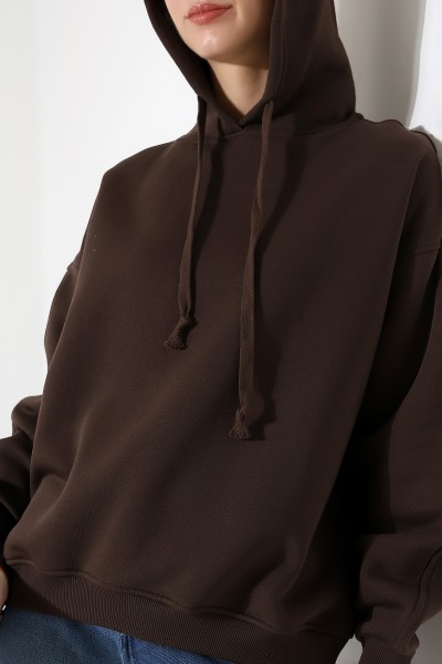 Relax Rahat Kesim Kapşonlu Salaş Oversize Kolları Geniş Basic Kadın Sweatshirt 21966 KAHVE