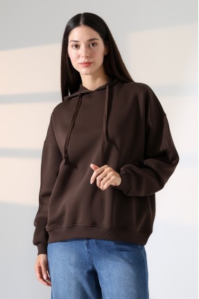 Relax Rahat Kesim Kapşonlu Salaş Oversize Kolları Geniş Basic Kadın Sweatshirt 21966 KAHVE