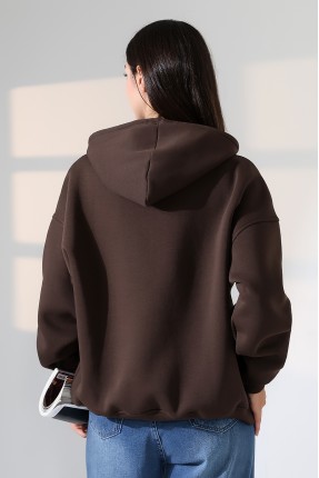 Relax Rahat Kesim Kapşonlu Salaş Oversize Kolları Geniş Basic Kadın Sweatshirt 21966 KAHVE