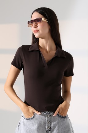 Relax Fit Rahat Kesim Pamuklu Ribana Gömlek Yaka Kısa Kol Basic Kadın Tshirt 22023 KAHVE