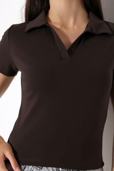 Relax Fit Rahat Kesim Pamuklu Ribana Gömlek Yaka Kısa Kol Basic Kadın Tshirt 22023 KAHVE