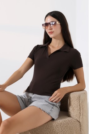 Relax Fit Rahat Kesim Pamuklu Ribana Gömlek Yaka Kısa Kol Basic Kadın Tshirt 22023 KAHVE