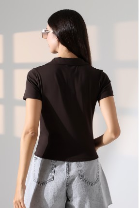 Relax Fit Rahat Kesim Pamuklu Ribana Gömlek Yaka Kısa Kol Basic Kadın Tshirt 22023 KAHVE