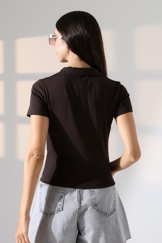 Relax Fit Rahat Kesim Pamuklu Ribana Gömlek Yaka Kısa Kol Basic Kadın Tshirt 22023 KAHVE