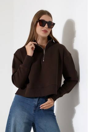 Relax Rahat Salaş Geniş Kesim Yarım Fermuarlı Dik Yaka Yanları Yırtmaçlı Pamuklu Kadın Sweatshirt 21967 KAHVE