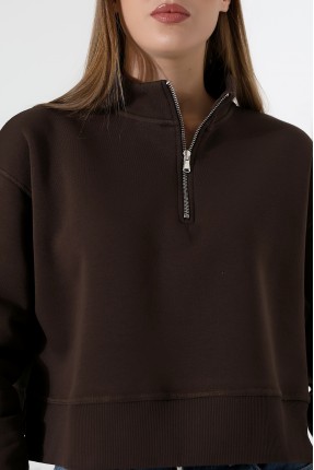Relax Rahat Salaş Geniş Kesim Yarım Fermuarlı Dik Yaka Yanları Yırtmaçlı Pamuklu Kadın Sweatshirt 21967 KAHVE