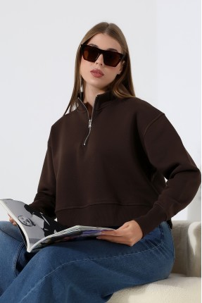 Relax Rahat Salaş Geniş Kesim Yarım Fermuarlı Dik Yaka Yanları Yırtmaçlı Pamuklu Kadın Sweatshirt 21967 KAHVE