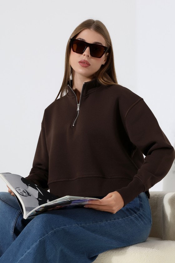Relax Rahat Salaş Geniş Kesim Yarım Fermuarlı Dik Yaka Yanları Yırtmaçlı Pamuklu Kadın Sweatshirt 21967 KAHVE