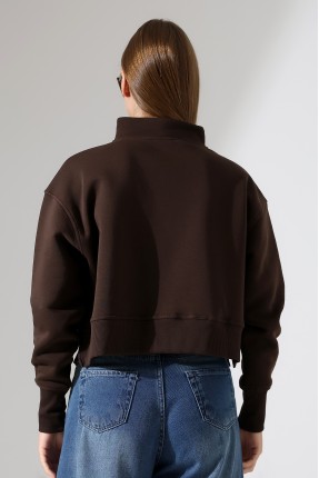 Relax Rahat Salaş Geniş Kesim Yarım Fermuarlı Dik Yaka Yanları Yırtmaçlı Pamuklu Kadın Sweatshirt 21967 KAHVE