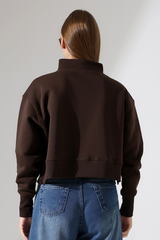 Relax Rahat Salaş Geniş Kesim Yarım Fermuarlı Dik Yaka Yanları Yırtmaçlı Pamuklu Kadın Sweatshirt 21967 KAHVE