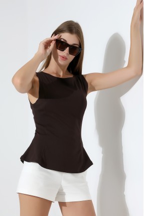 Relax Fit Rahat Kesim Kayıkçı Yaka Eteği Volanlı Yanları Kuplu Basic Kolsuz Kadın T-Shirt 22070 KAHVE