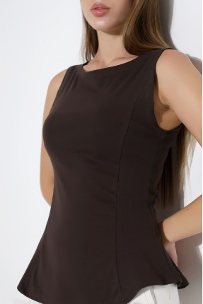 Relax Fit Rahat Kesim Kayıkçı Yaka Eteği Volanlı Yanları Kuplu Basic Kolsuz Kadın T-Shirt 22070 KAHVE