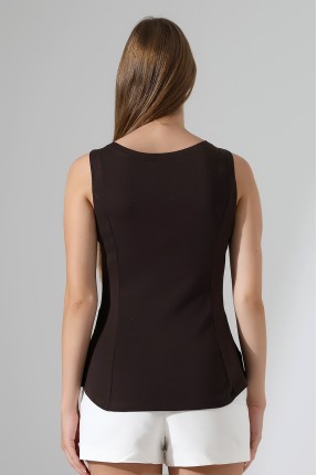 Relax Fit Rahat Kesim Kayıkçı Yaka Eteği Volanlı Yanları Kuplu Basic Kolsuz Kadın T-Shirt 22070 KAHVE