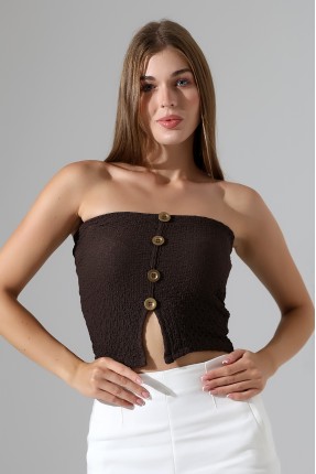 Slim Fit Dar Kesim Jakarlı Viyana Önü 4 Düğmeli Kadın Straplez Crop Atlet 22057 KAHVE