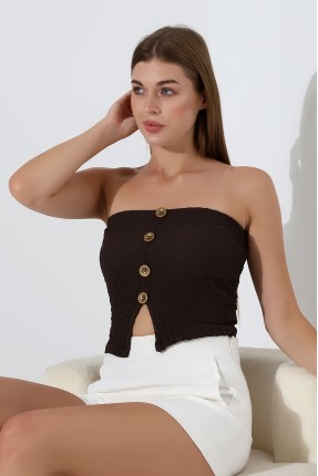 Slim Fit Dar Kesim Jakarlı Viyana Önü 4 Düğmeli Kadın Straplez Crop Atlet 22057 KAHVE