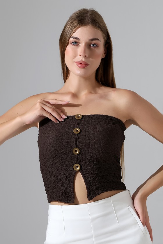 Slim Fit Dar Kesim Jakarlı Viyana Önü 4 Düğmeli Kadın Straplez Crop Atlet 22057 KAHVE